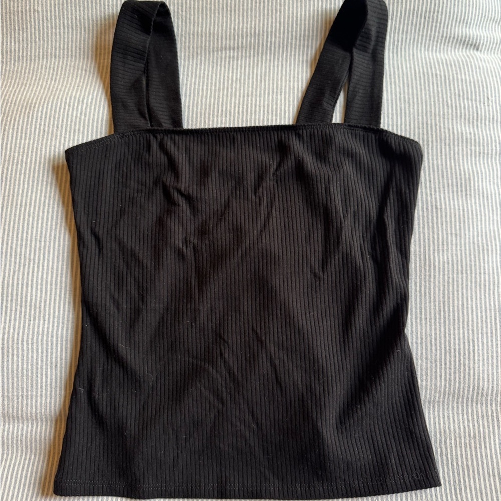 Reformation Black Ribbed Square-Neck Tank Top